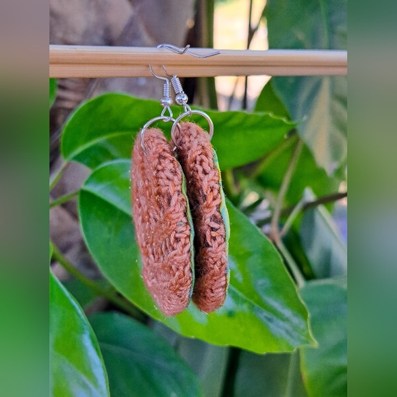 Handmade Circle Knit Earrings Sparkled Orange Hand Dyed Yarn Green Cotton Fabric - Picture 5 of 16